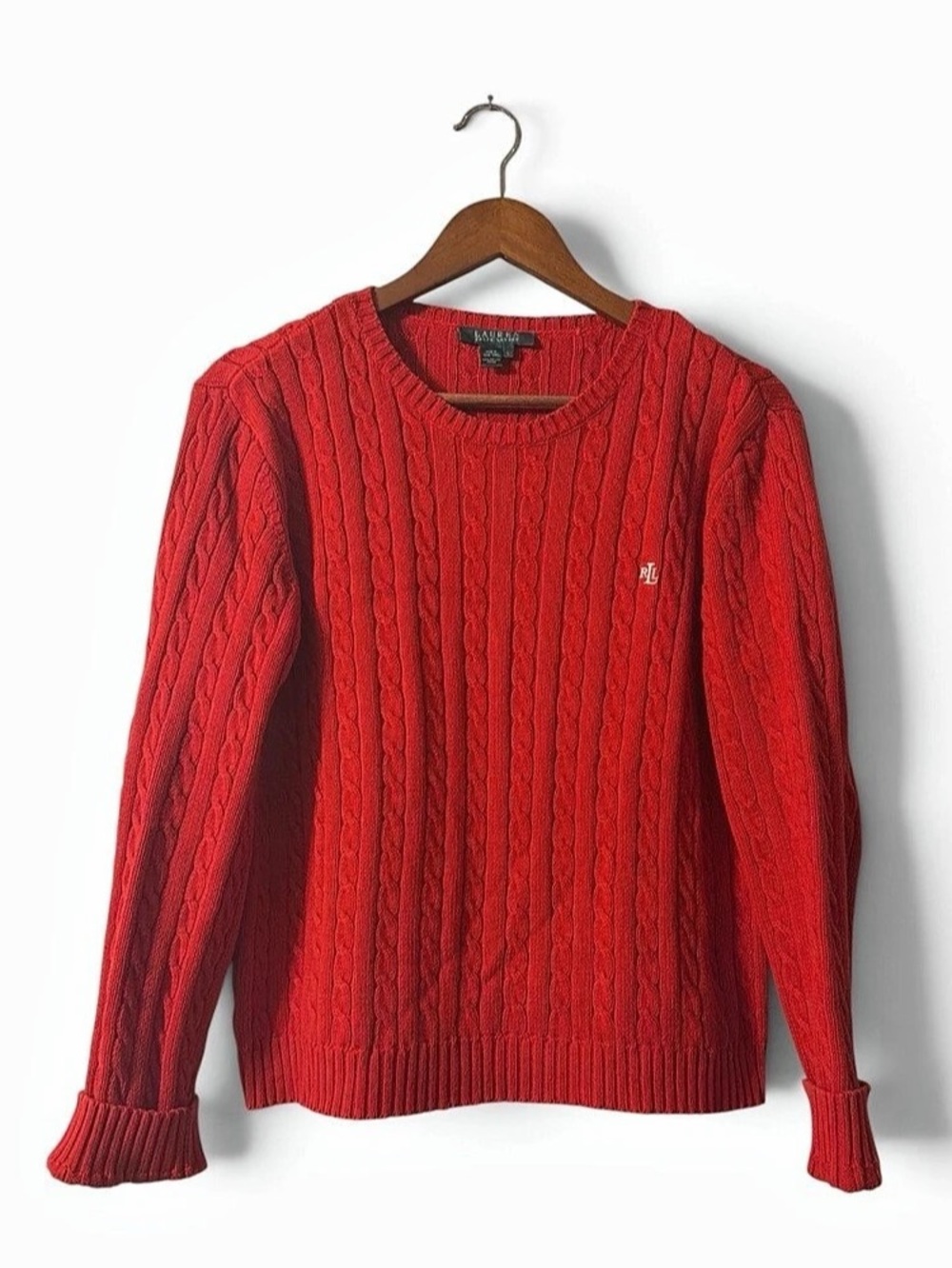 Preppy Lauren Ralph Lauren Red Cable Knit Cotton Sweater Large Old Money Monogra